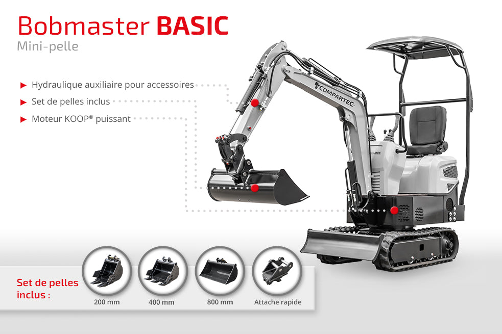 Mini-pelle Bobmaster Premium – 1940 kg, diesel Yanmar, bras articulé neuve